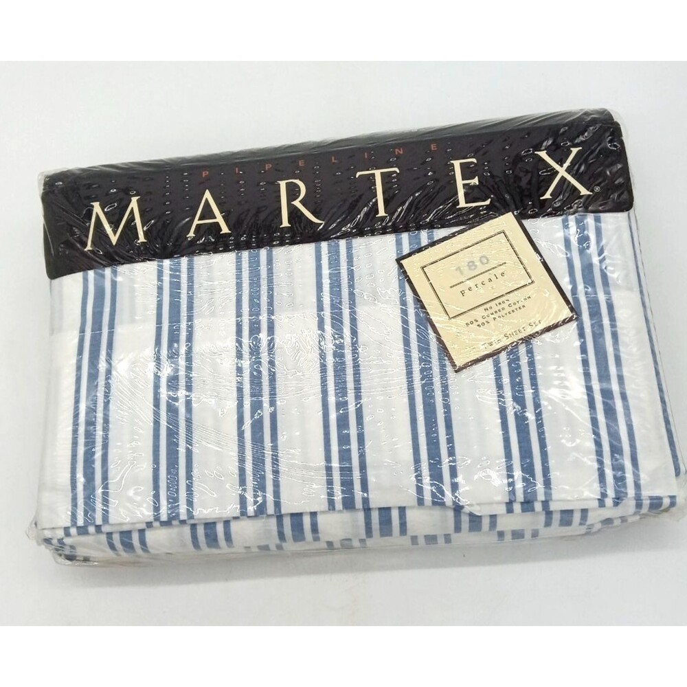 Vtg Martex Tuxedo Stripe Wedgewood Blue 180 Percale No Iron Twin Sheet Set NIP